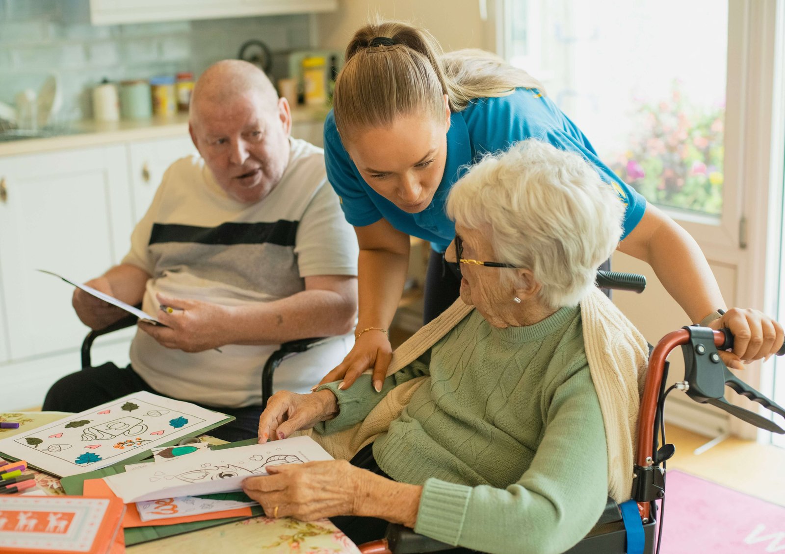 Warm image of a caregiver gently assisting an elderly person at home, promoting comfort and independence.